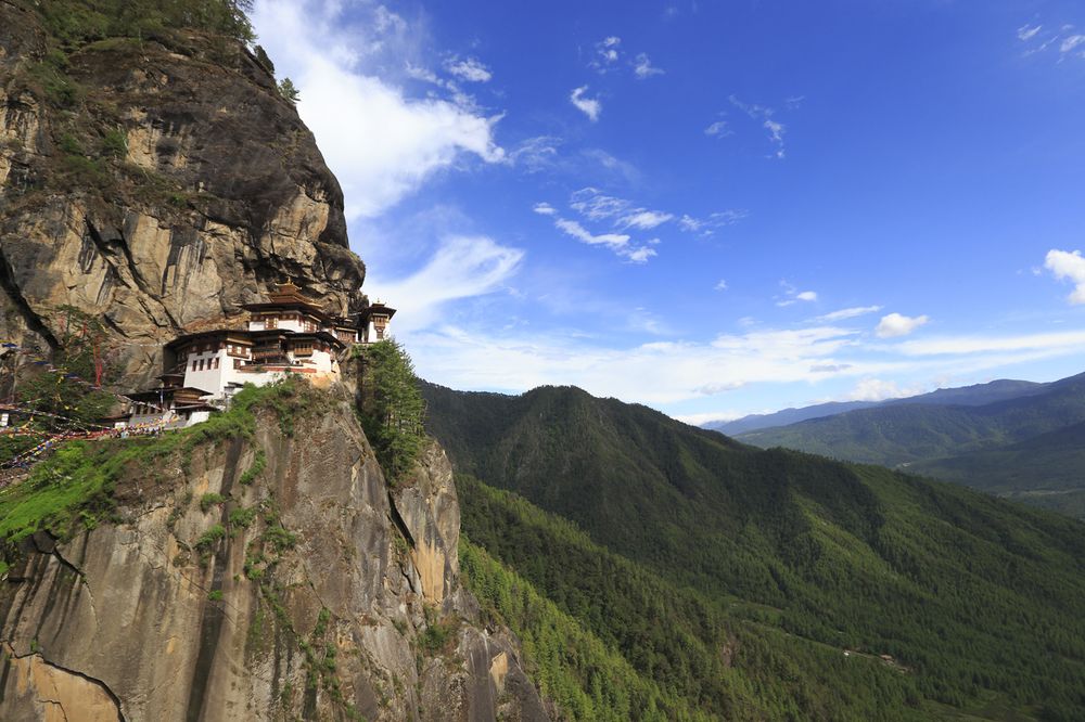 Paro Taktsang, the Tiger's Nest Monastery, clinging to a sheer cliff face above Paro valley
